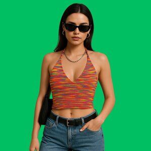 SHEIN Rainbow Knit Halter Crop Top – Size S (Festival Y2K Style)